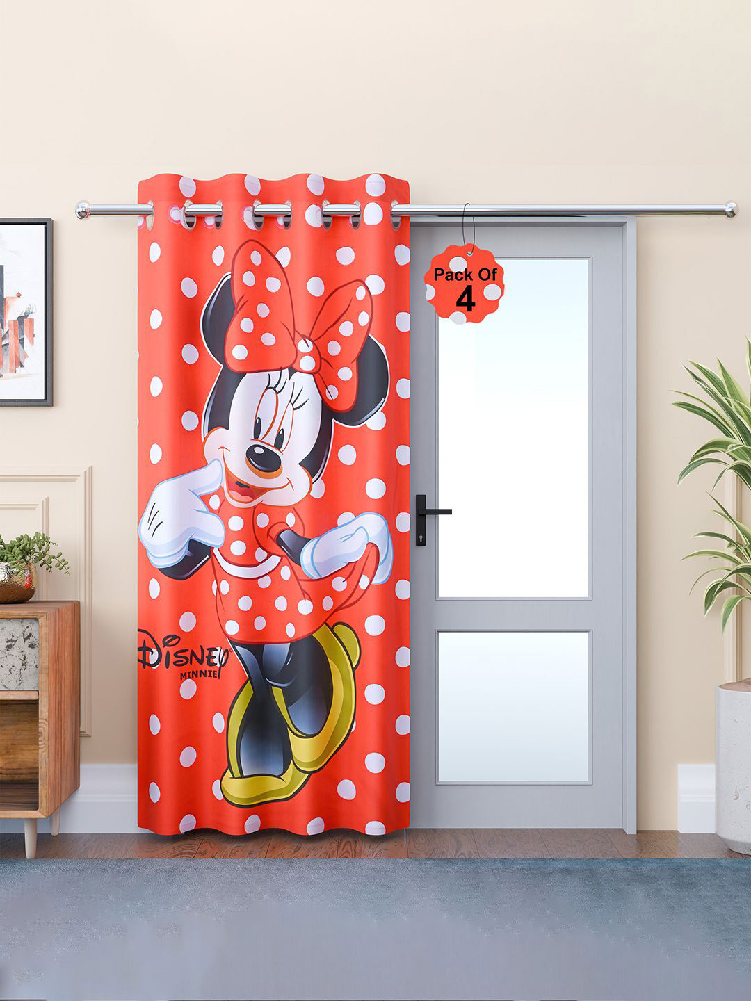 Kuber Industries Red Pack of 4 Disney Mickey Print Door Curtains with Eyelet Rings
