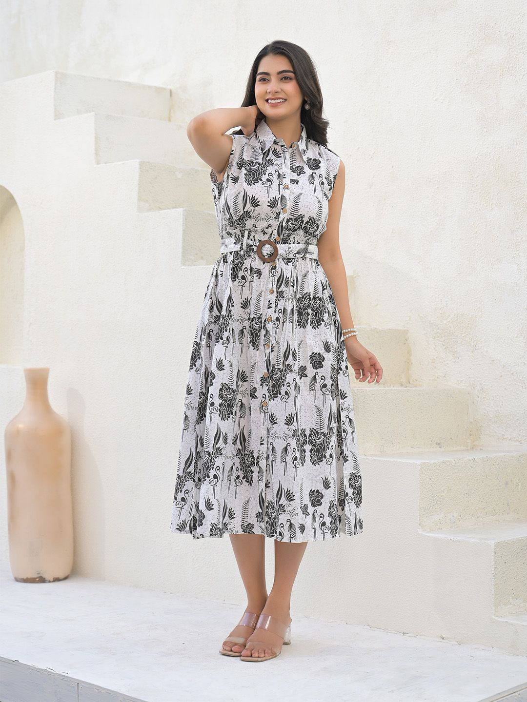 ARAVALII Ebony Fern Women Floral Print Shirt Collar Shirt Style Dress