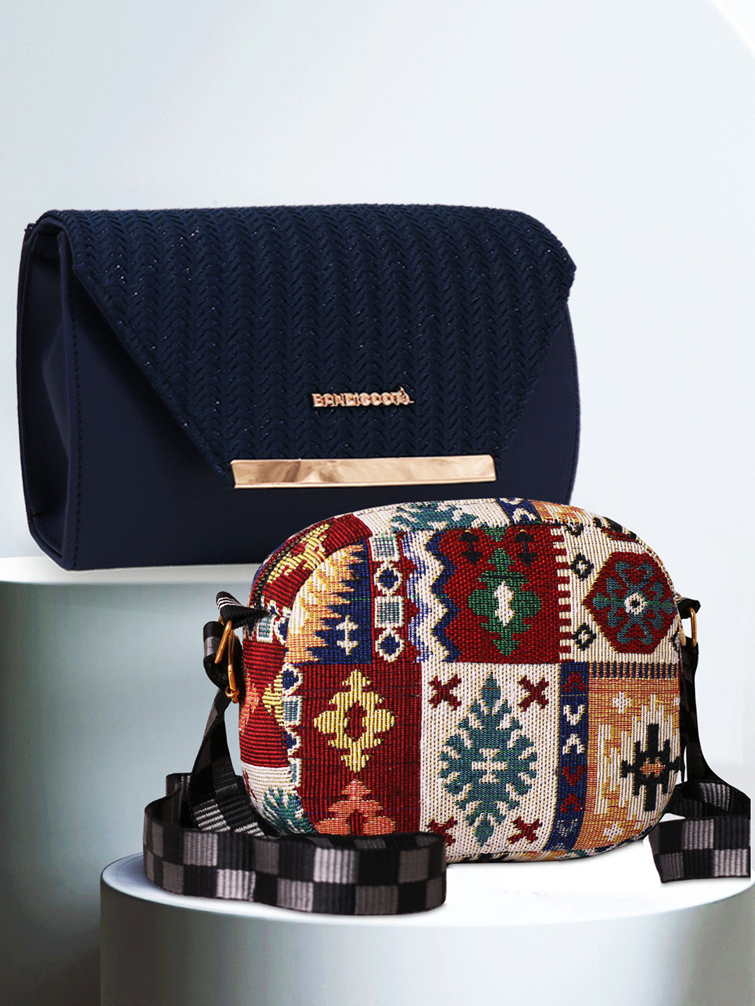 BANDICOOT Set OF 2 Geometric PU Structured Sling Bag with Bow Detail
