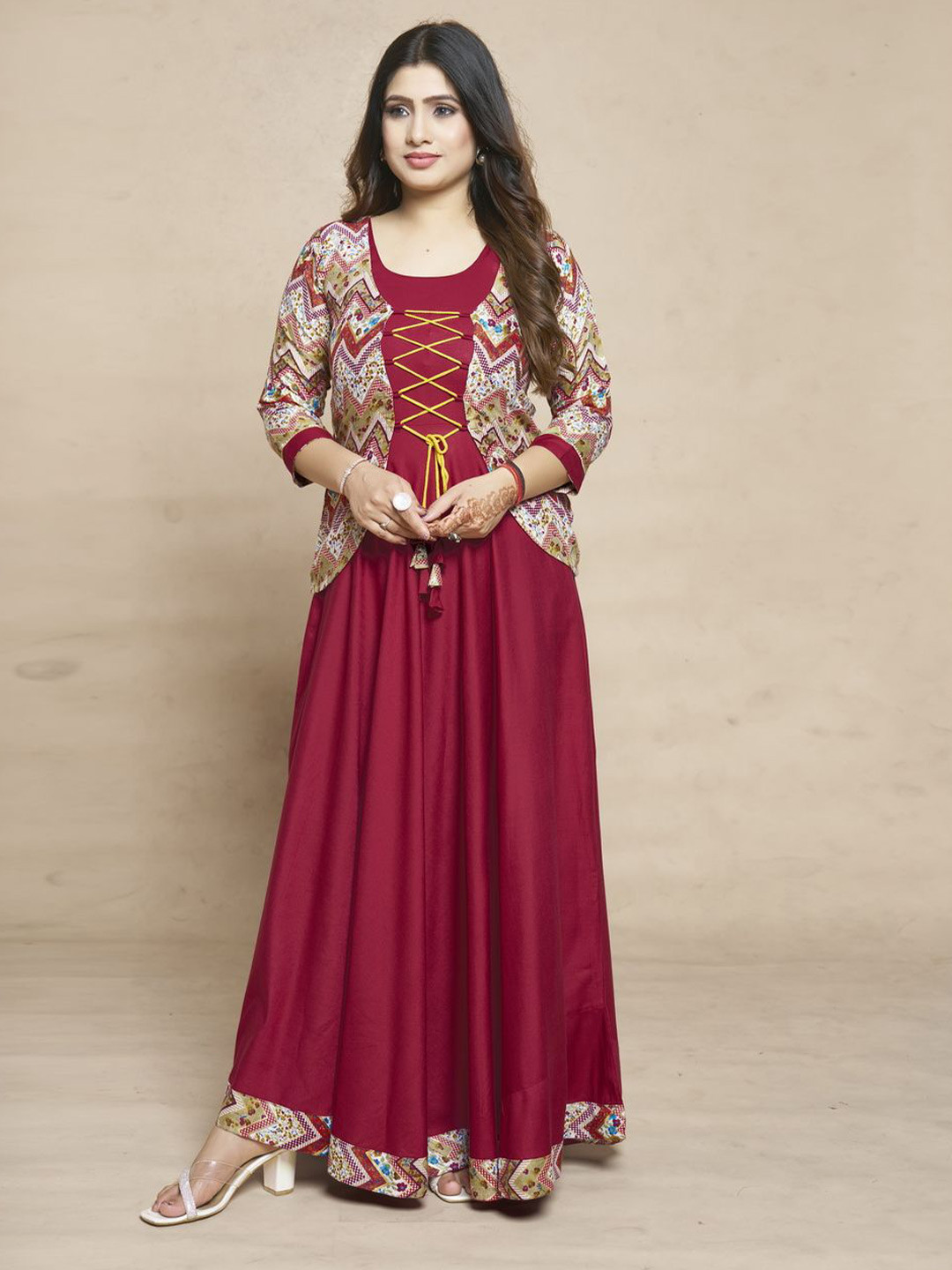 MEESORRA Printed Round Neck Ethnic Dresses With Koti Jacket