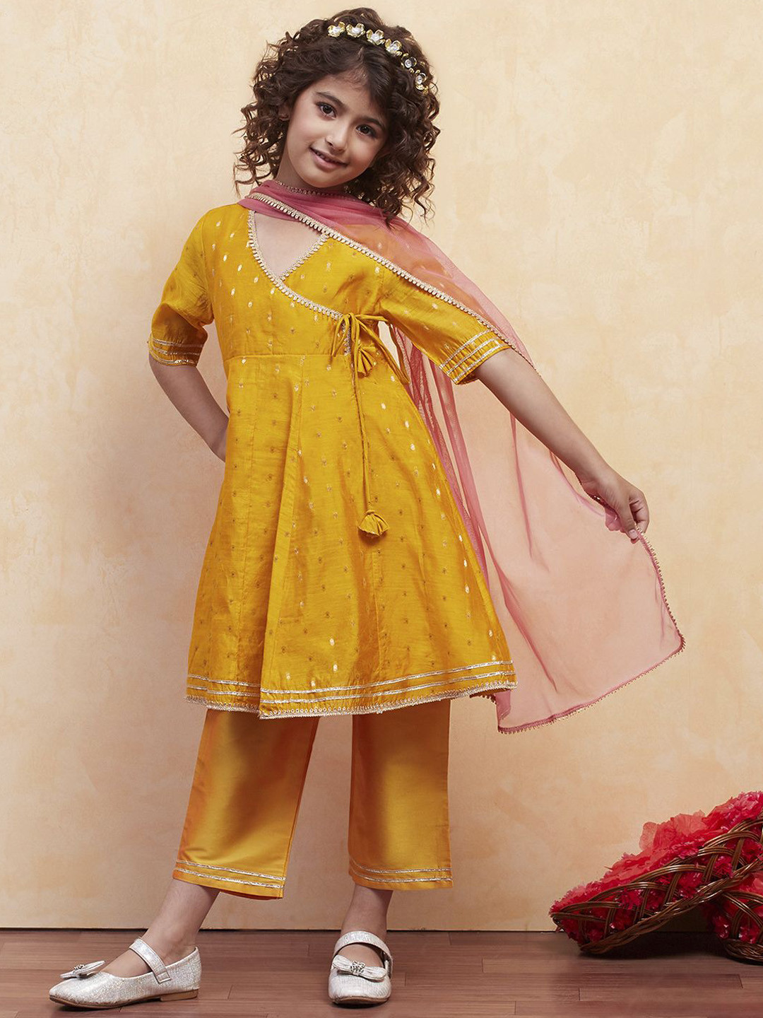 Biba Girls Geometric Woven Design Anarkali Kurta With Palazzo And Dupatta