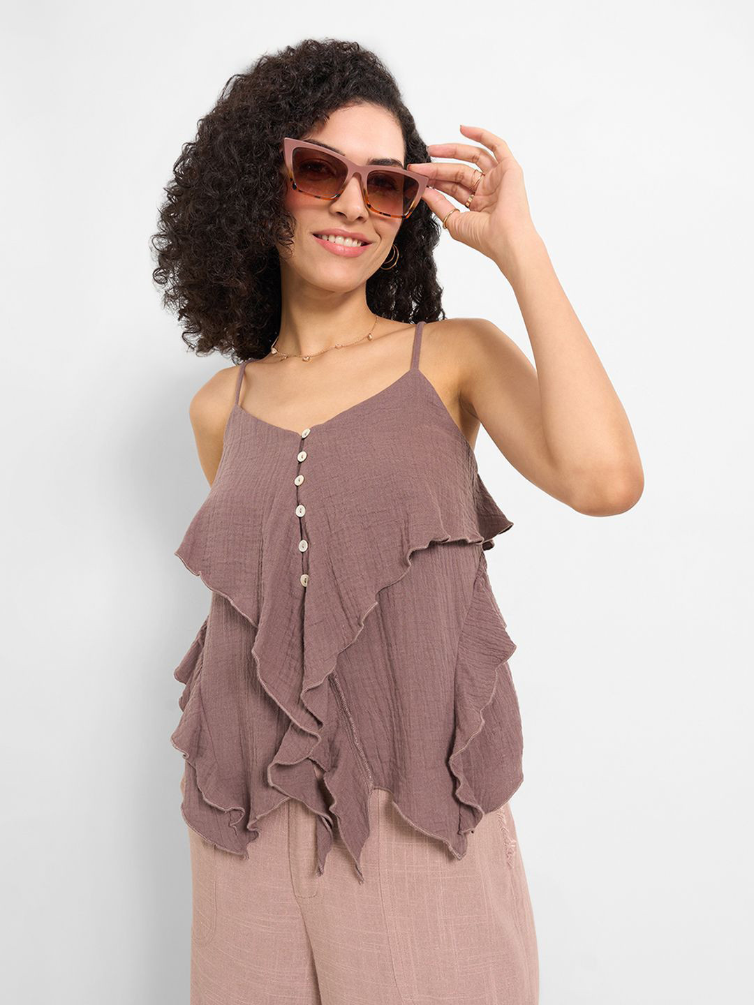 Honey by Pantaloons Women Cotton Shoulder Straps Ruffles Top