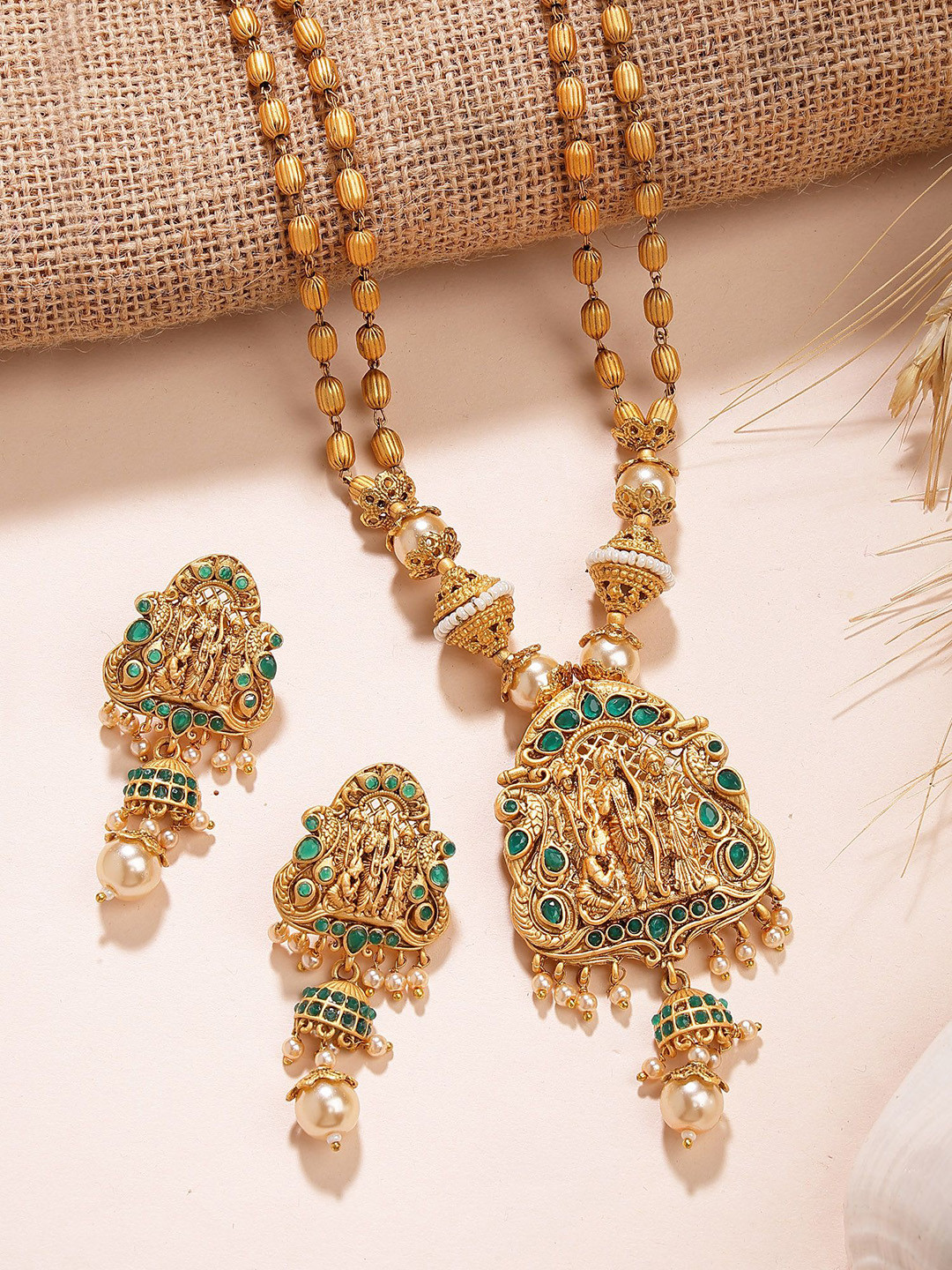 KARATCART Gold-Plated Shri Ram Pendant Rani Haar Necklace Set With Green Stones For Women