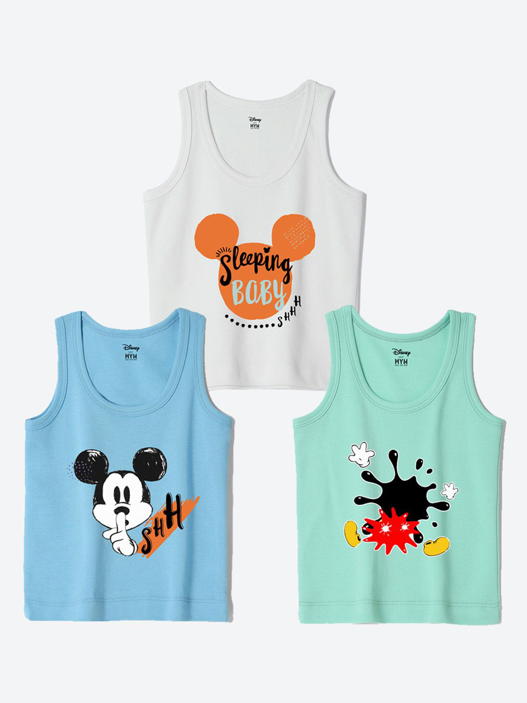 Wear Your Mind Infants Pack Of 3 Mickey Mouse Printed Basic Innerwear Vests IFVDPO3017