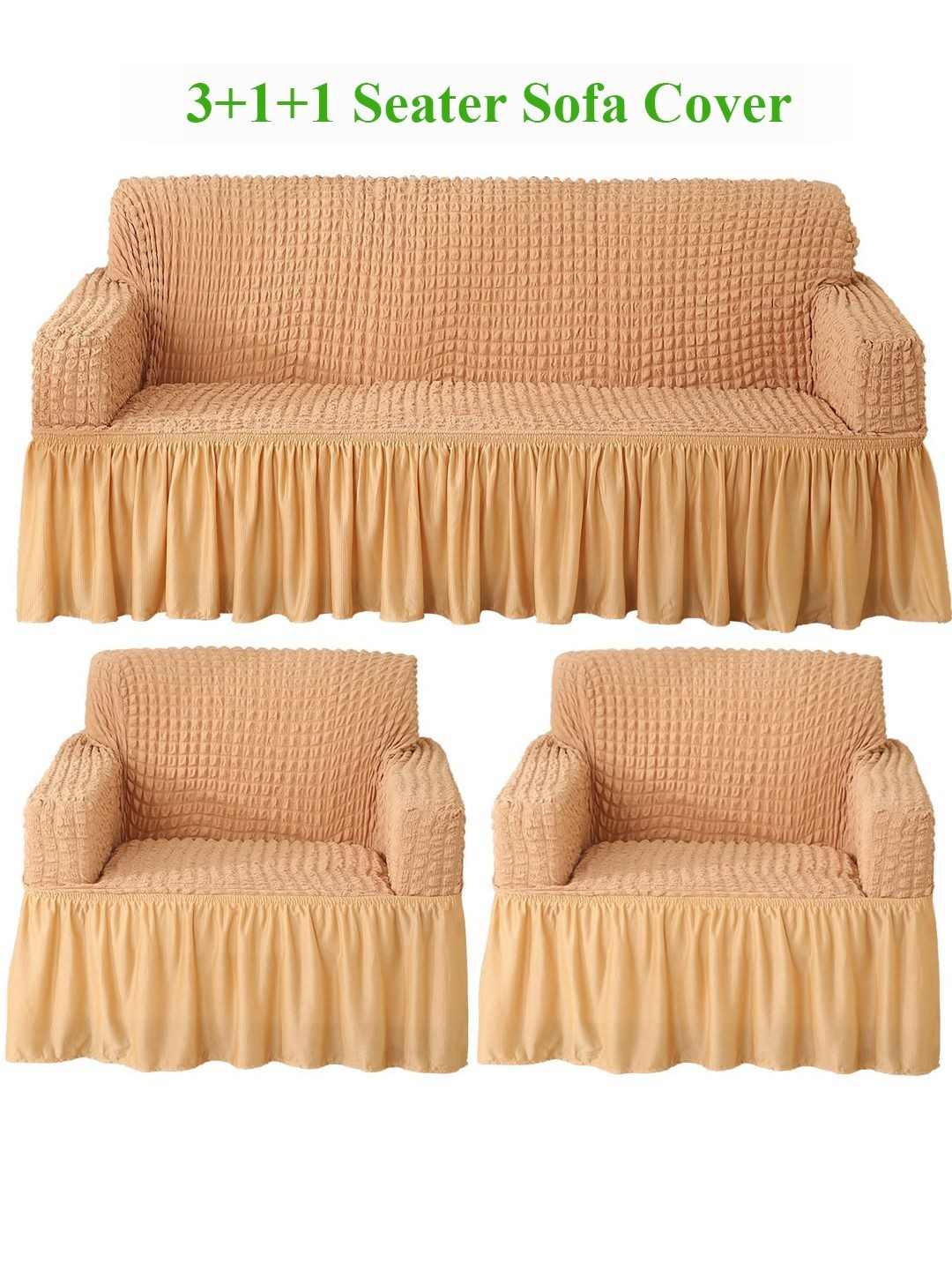 HOKIPO Light Brown Solid 5 Seater Fully Covered Stretchable Sofa Cover