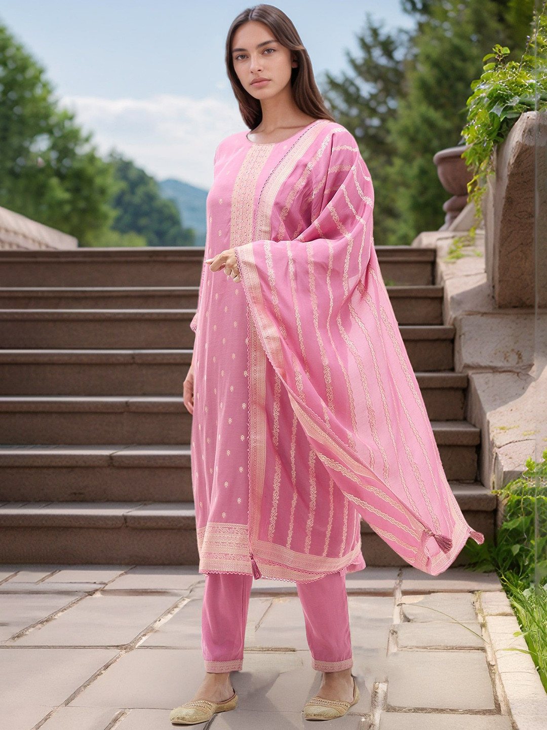 Samyukta Singhania Women Ethnic Motifs Embroidered Regular Pure Cotton Kurta with Trousers & With Dupatta