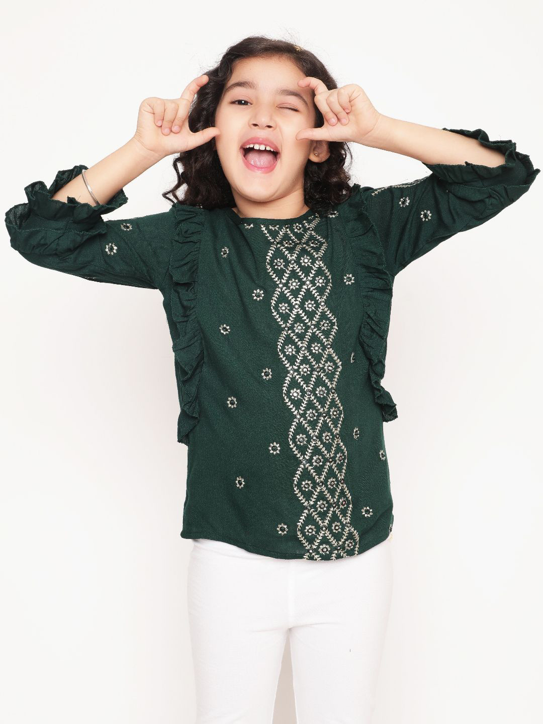 BAESD Girls Geometric Embroidered Round Neck Top with 3/4 Sleeves