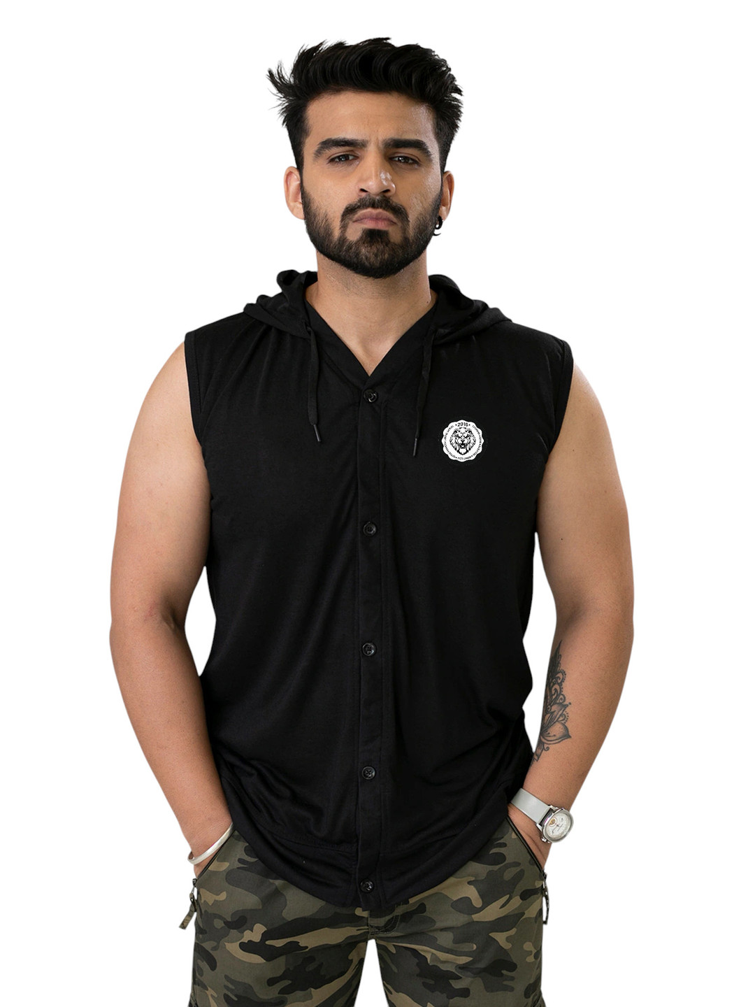 BEYOU FASHION Black Hooded Sleeveless Regular Fit T-shirt