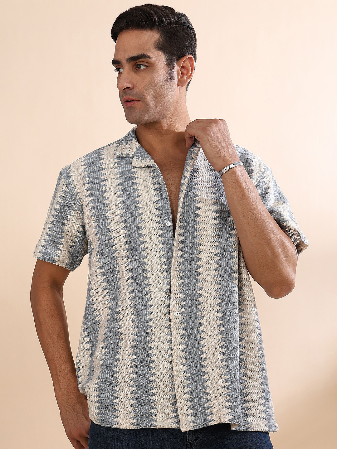 The Roadster Lifestyle Co Zig Zag Pure Cotton Cuban Collar Half Sleeve Crochet Shirt