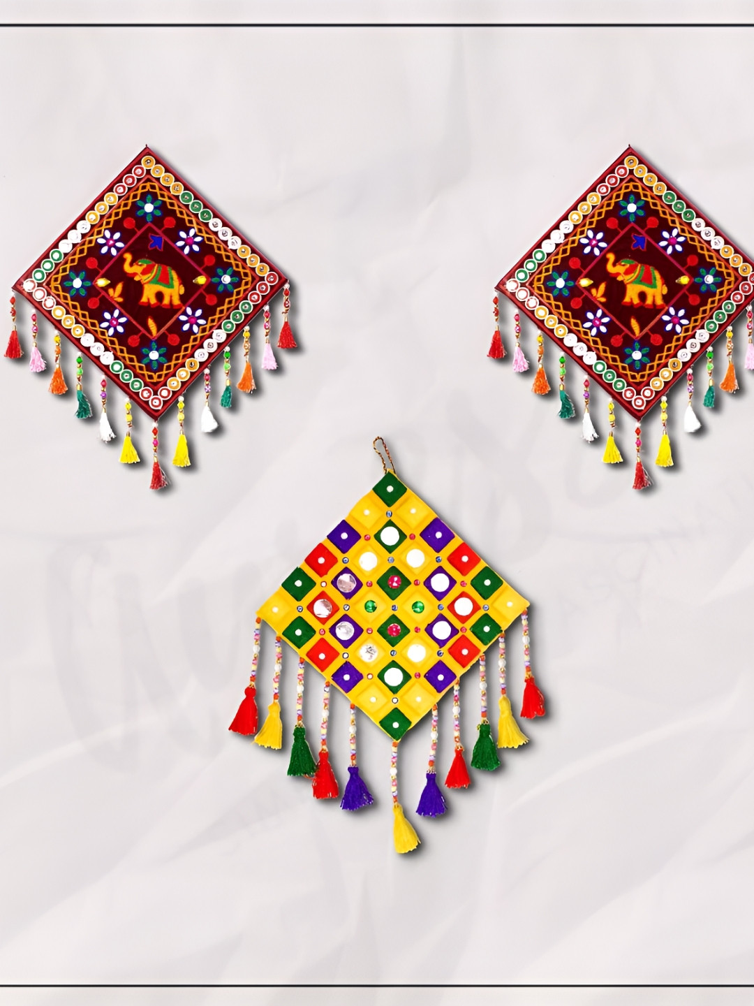 AURESSA Gujrati Elephant Wood Tasselled Matte Hanging Hall 3Pcs Wall Hangings-14.5In