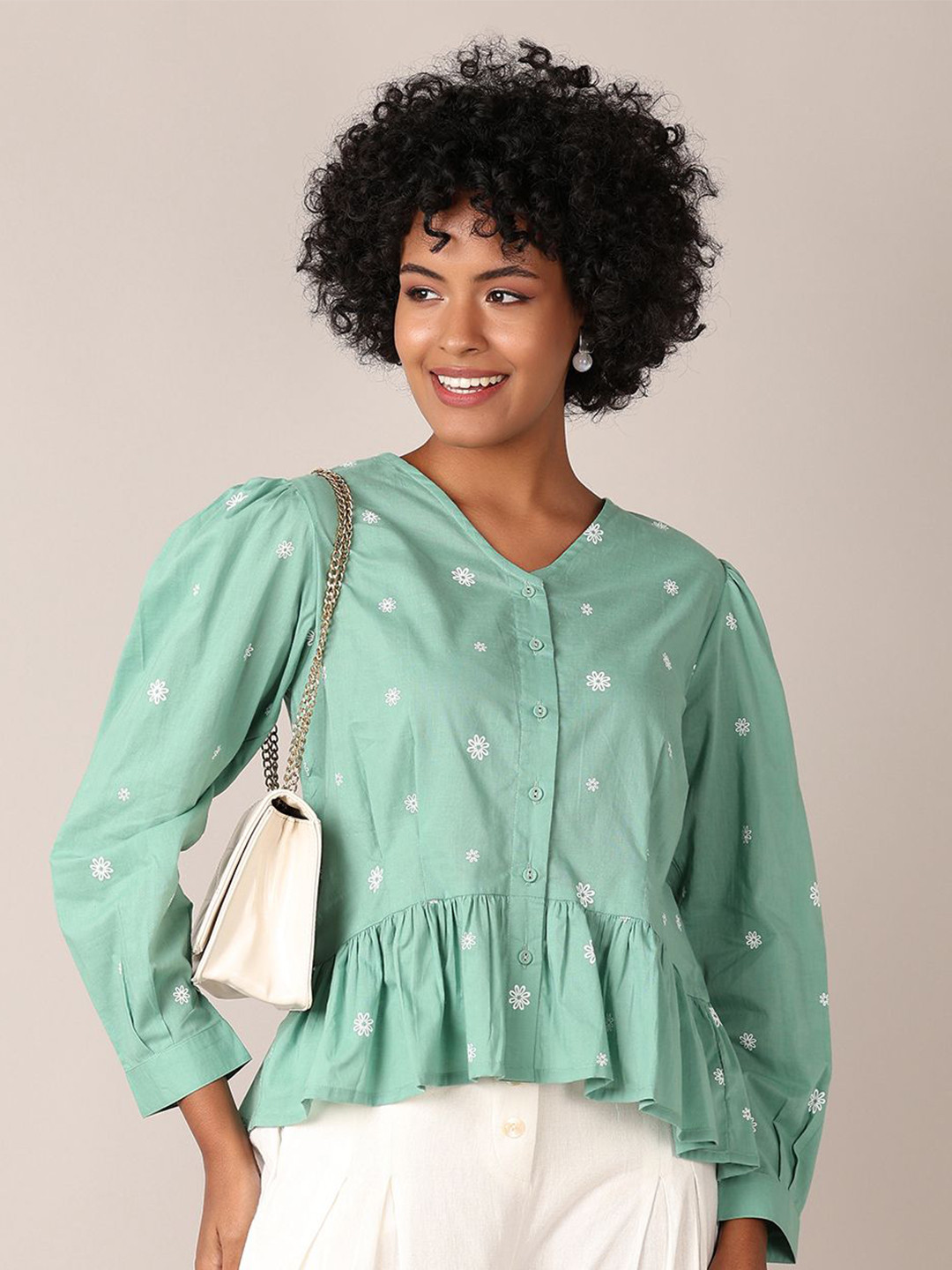 LIMEROAD Women Micro Print Cotton Shirt Style Top