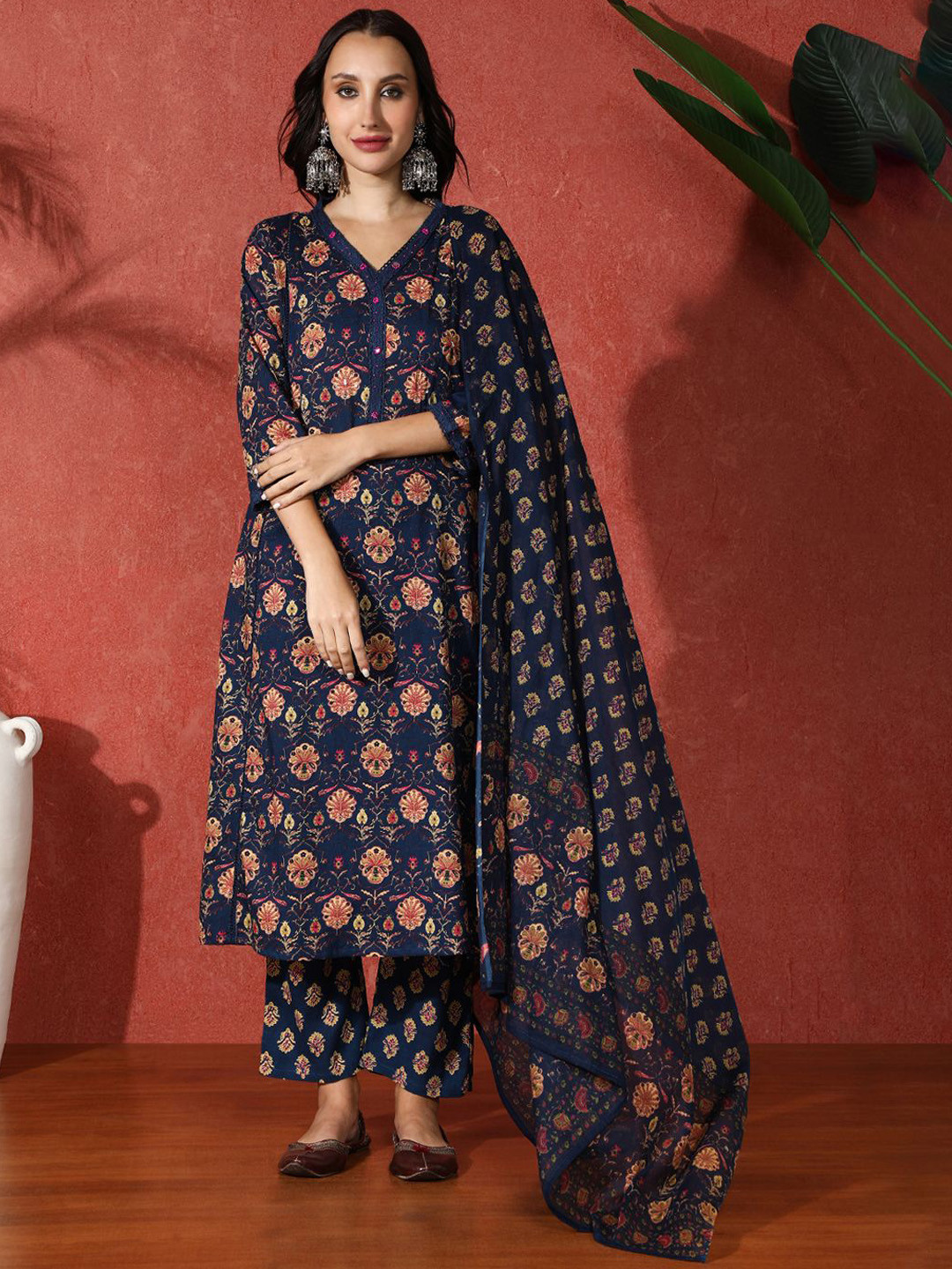 Sangria Printed & Embroidered Pure Cotton A-Line Kurta & Trouser With Dupatta