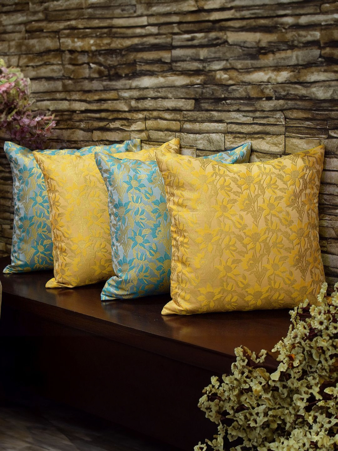 RoyalDeco Bageecha Floral Brocade 4 Pcs Embroidered Cushion Covers - 11.8 x 11.8 In