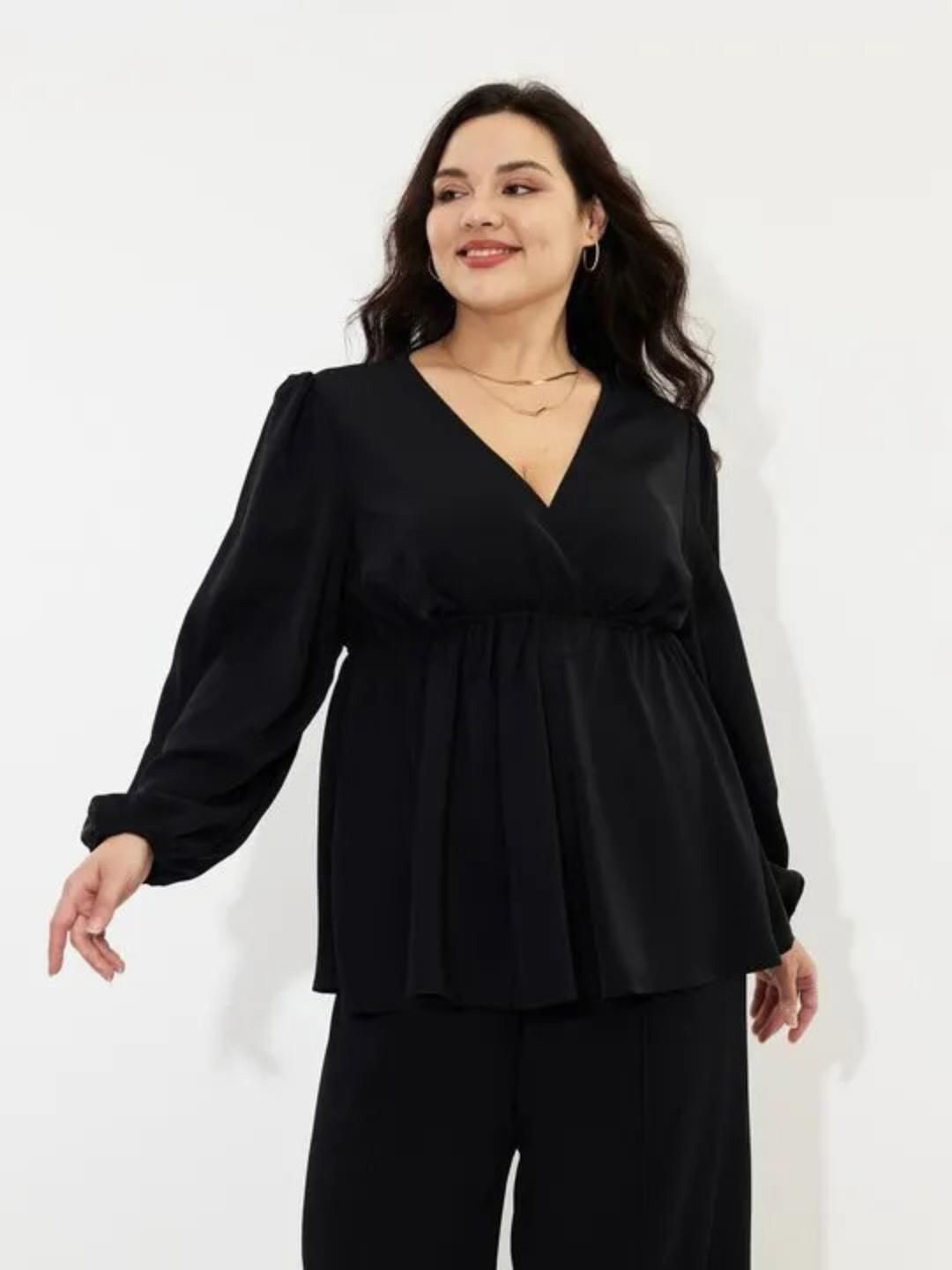 CURVE BY KOTTY Bishop Sleeves Plunge Neck Empire Top