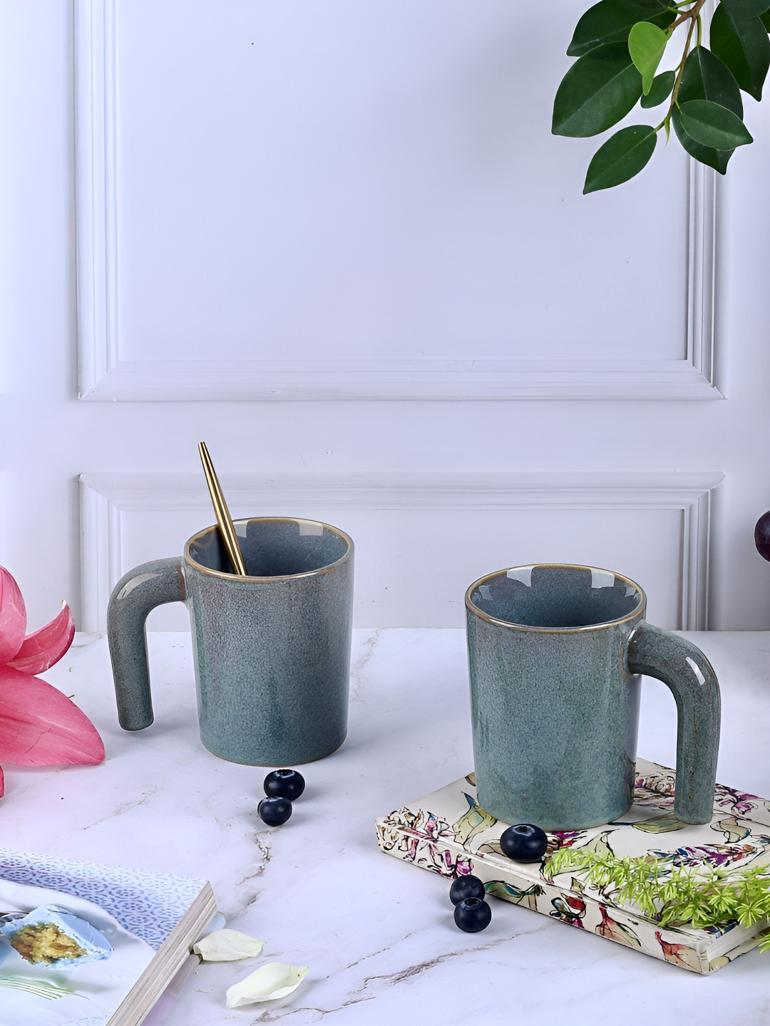 Olive Home Accents Green Stoneware Handmade 2 Piece Mug-150ml