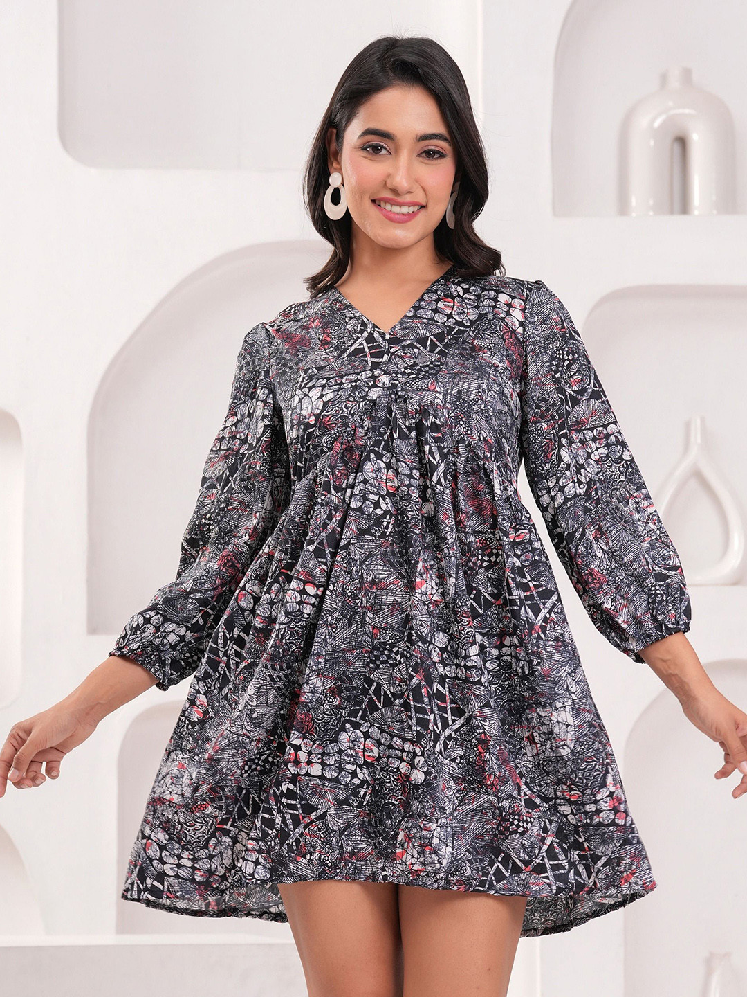 CELEBRAVO Women Abstract Print Puff Sleeve Georgette Above Knee A-Line Dress