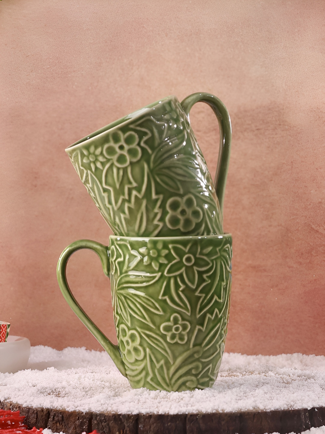 Olive Home Accents Green Floral Stoneware Microwave Safe 2 Piece Mugs-300ml