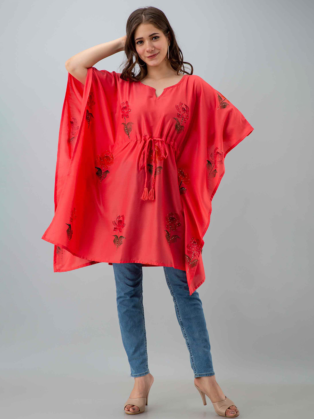 MissKurti Floral Print Kimono Sleeve Kaftan Top