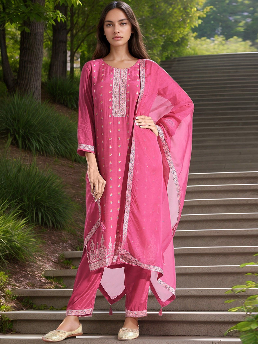 Samyukta Singhania Women Ethnic Motifs Embroidered Regular Pure Cotton Kurta with Trousers & With Dupatta