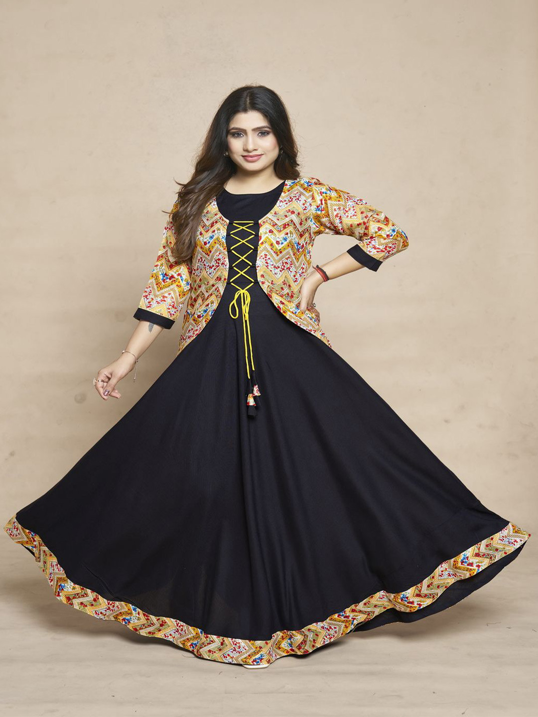 MEESORRA Printed Round Neck Ethnic Dresses With Koti Jacket