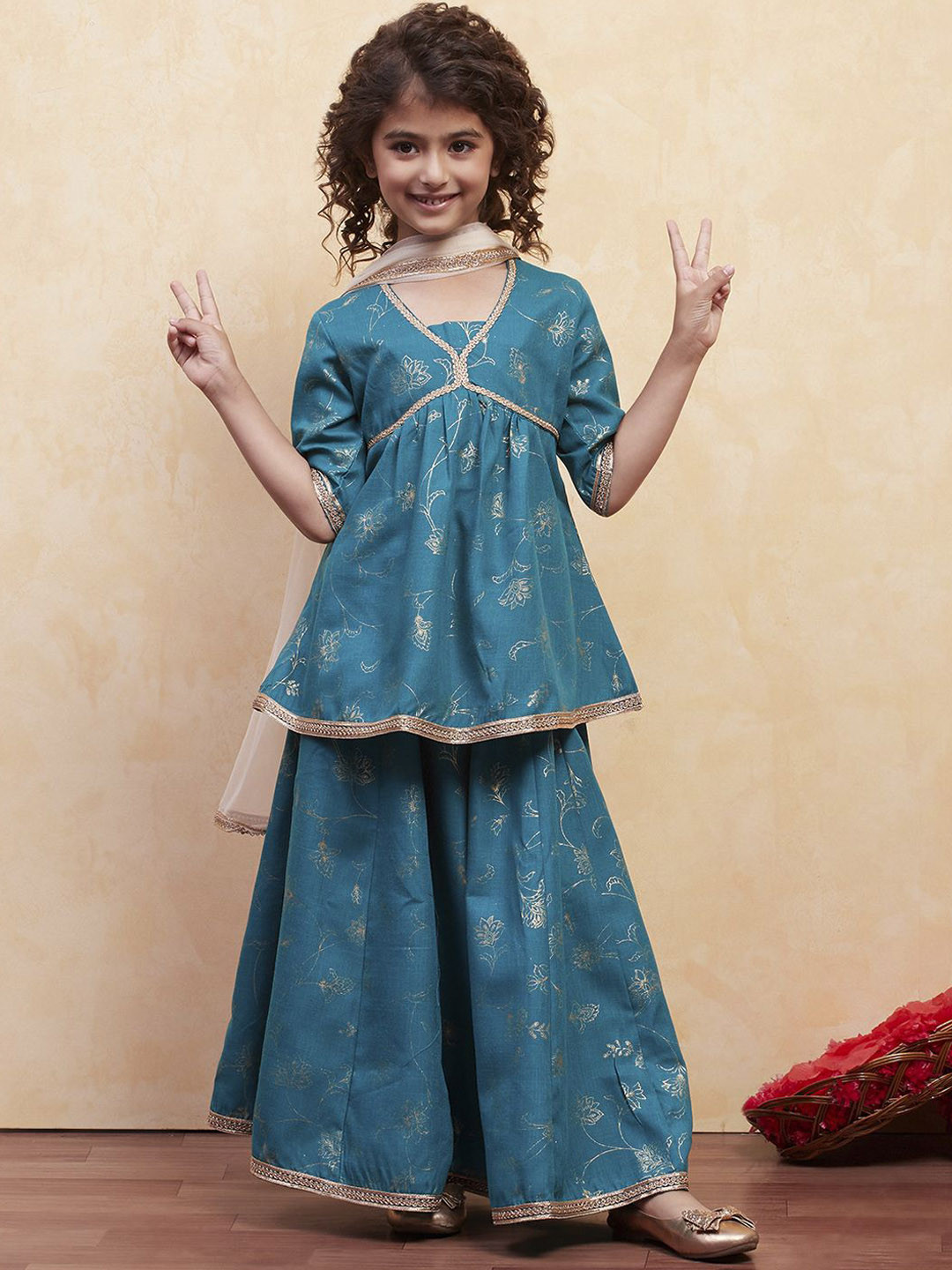 Biba Girls Floral Printed A-Line Kurta With Palazzo And Dupatta