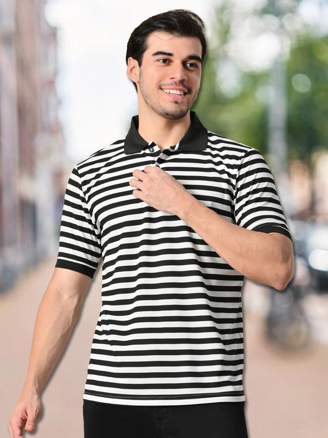 Unicus Apparel Men Striped Polo Collar Pockets T-shirt