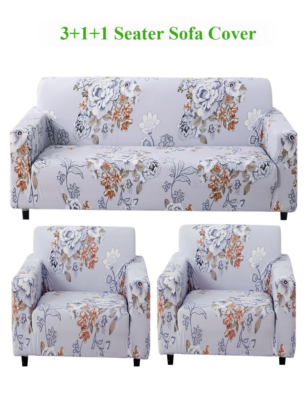 HOKIPO Gentle Grey Dahlia Print 5 Seater Fully Covered Stretchable Sofa Cover