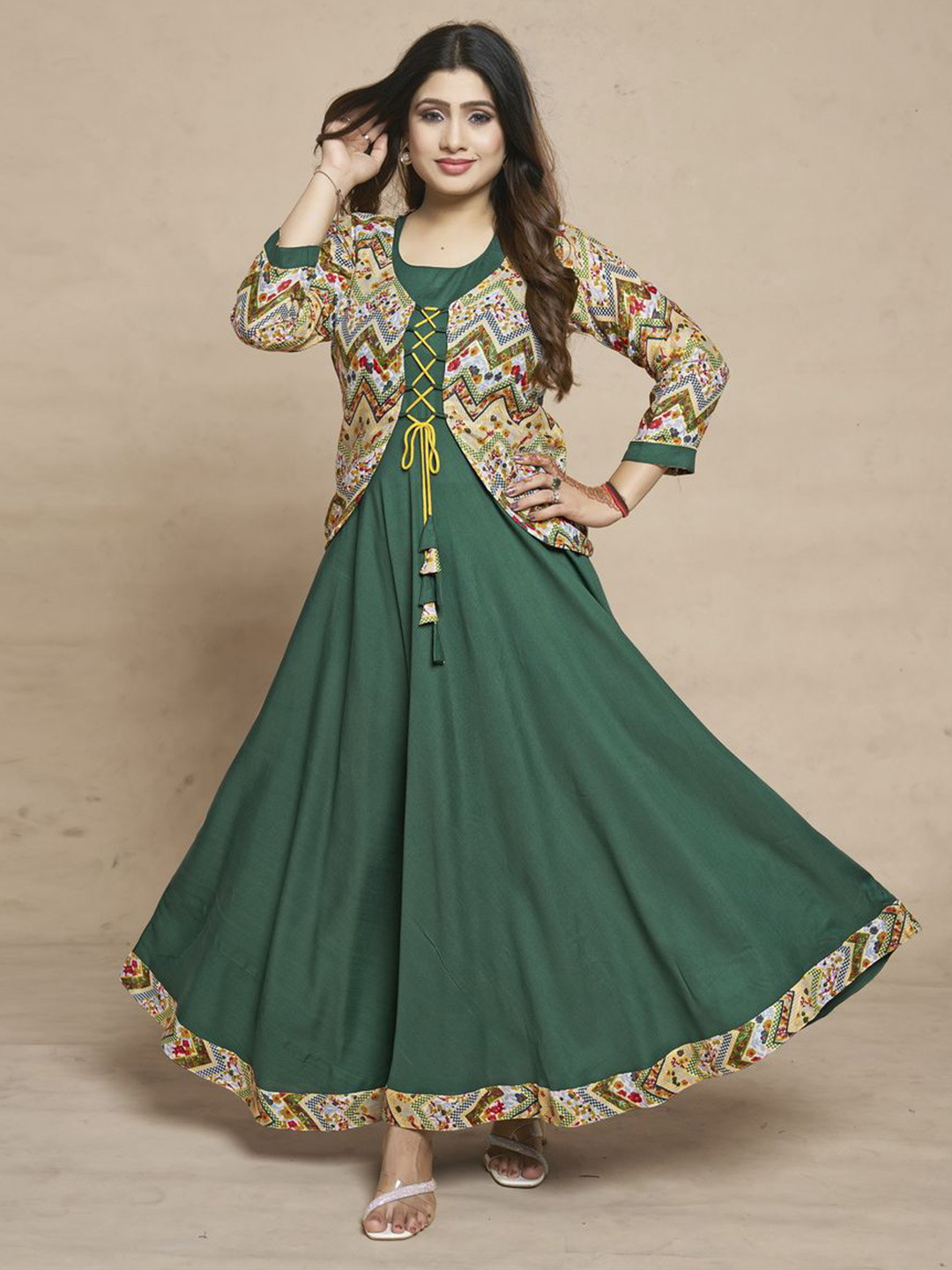MEESORRA Printed Round Neck Ethnic Dresses With Koti Jacket