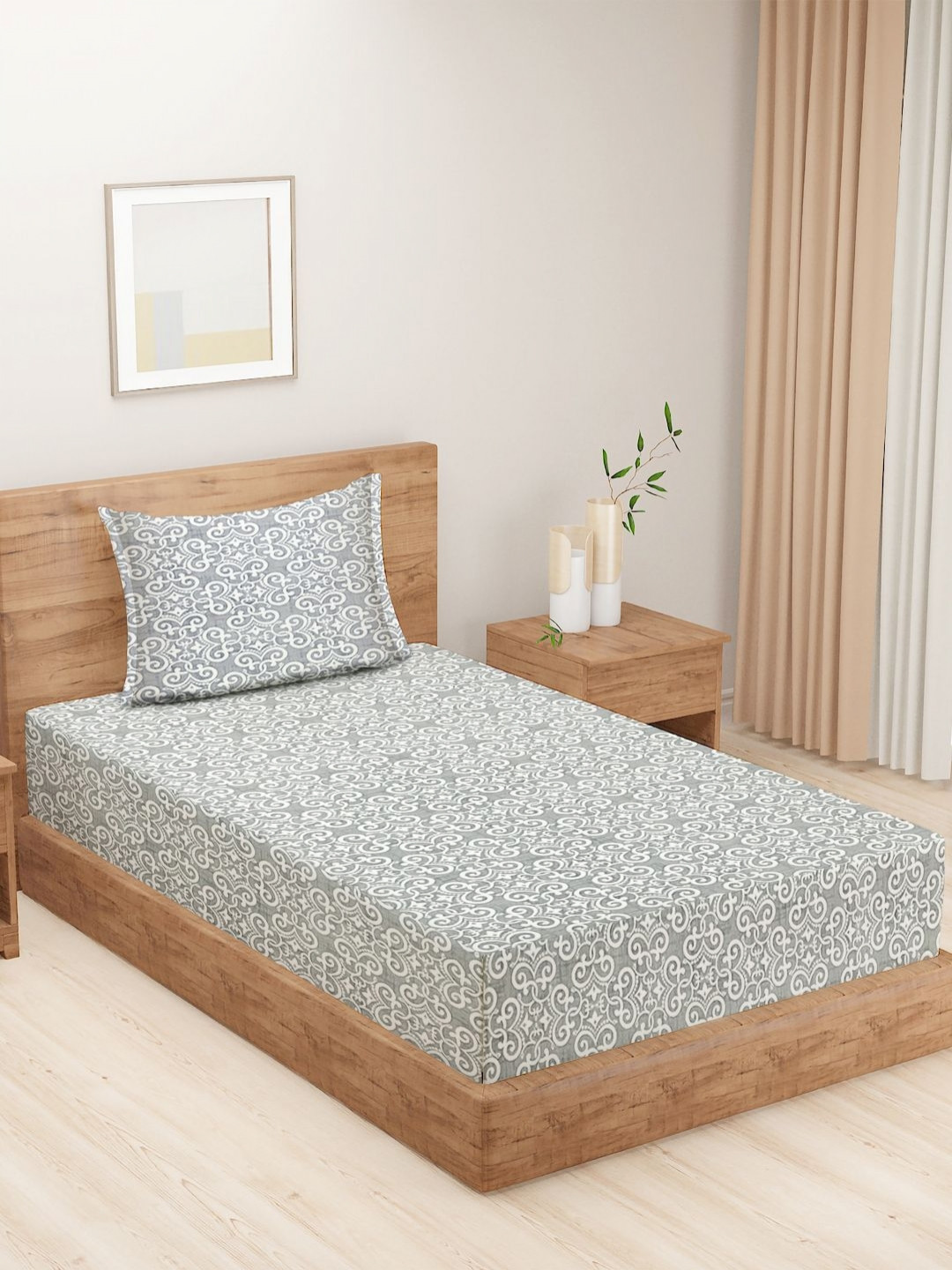 SWAYAM Ananda Grey Floral Cotton 210 TC Single Bedsheet with 2 Pillow Covers-90 x 59 inches