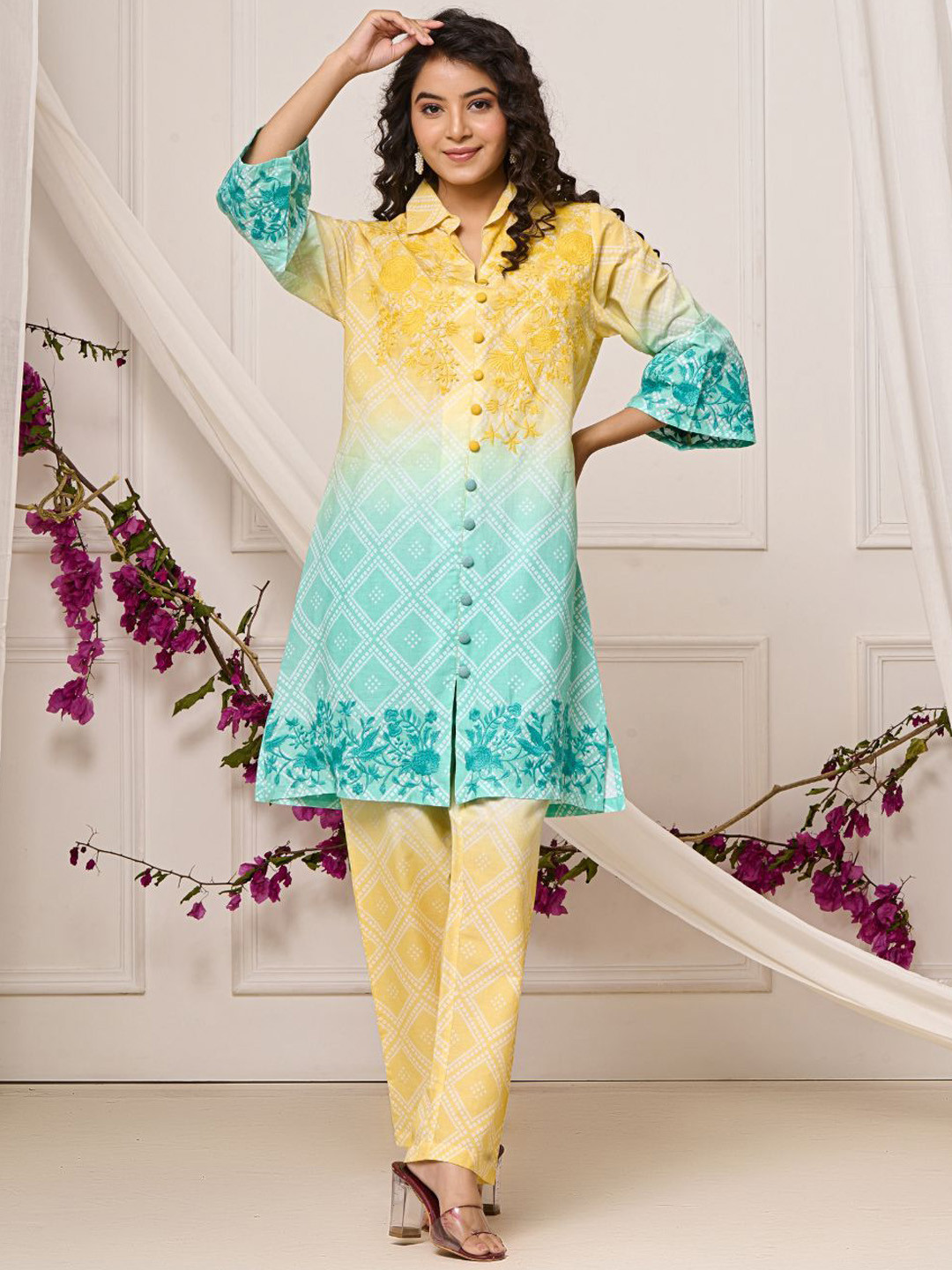 Zolo Label Summer Yellow Blue Embroidered Cotton Co-Ord Set