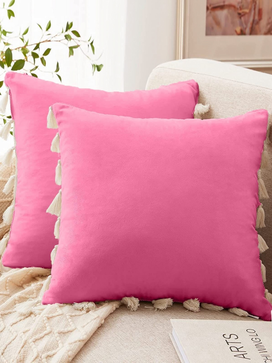 Cottonfry Pink Velvet Washable 2 Piece Square Cushion Covers - 15.9 x 15.9 Inches