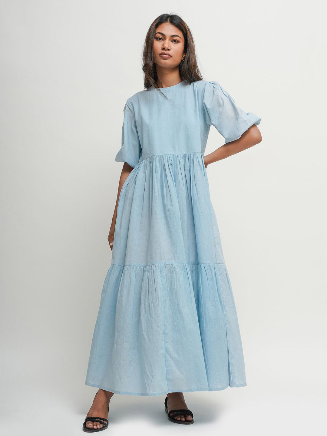 Tailor Didi Women Puff Sleeve Gathered or Pleated Organic Cotton Fit and Flare Midi Dress