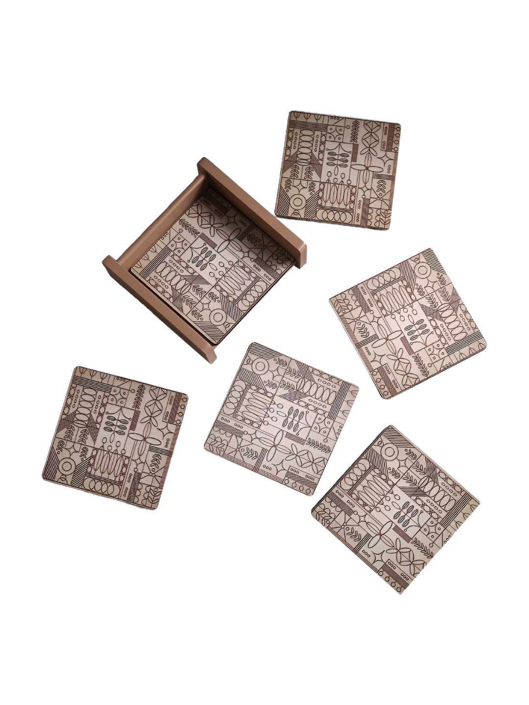 Wonderchef 6-Pcs Brown & Beige Textured Square Wooden Coasters