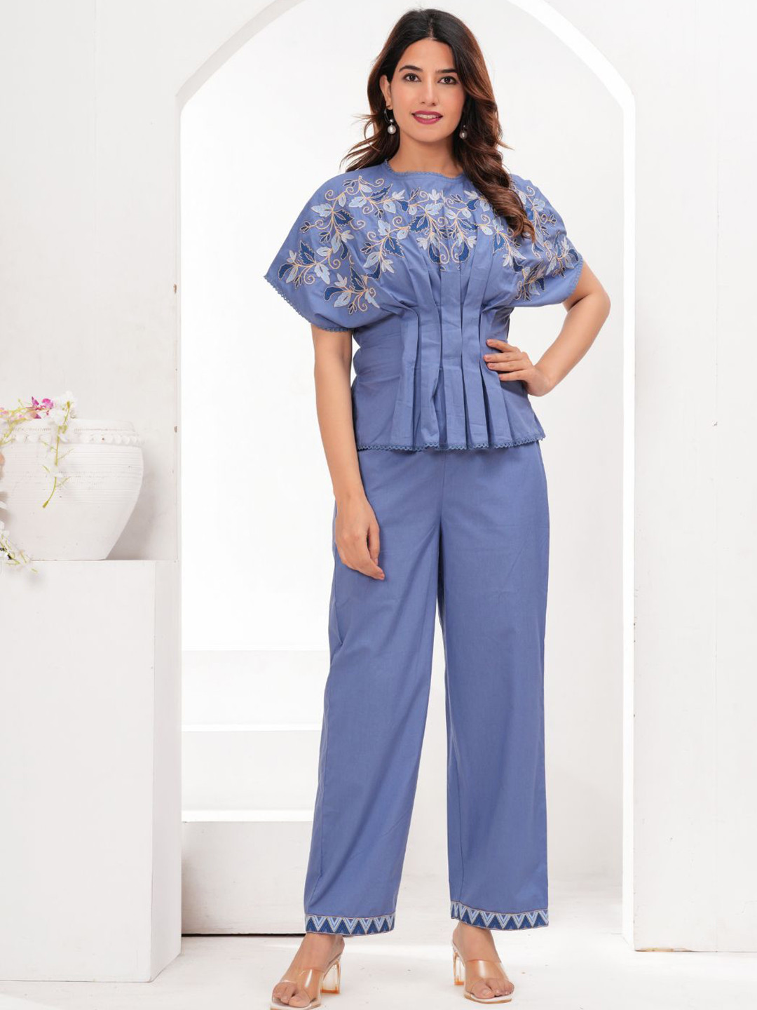 Zolo Label Women Serene Blue Cotton Embroidered Co-Ord Set