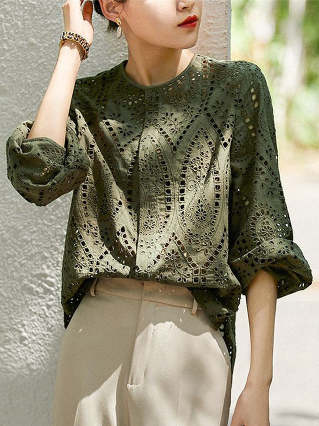 bebe Olive Green Eyelet Lace Round Neck Long Sleeve Shirt