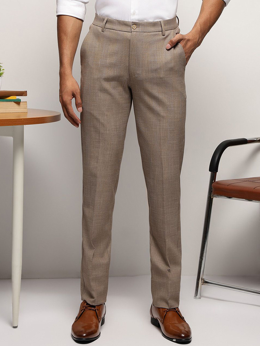SUBTRACT Men 4 Way Stretch Flex Waist Checked Slim Fit  Formal Trousers