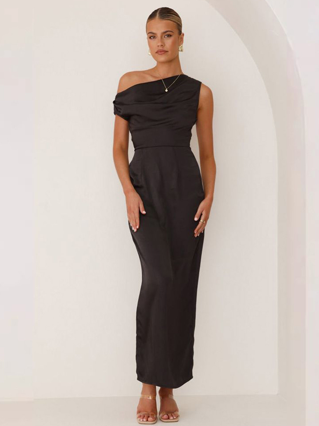 bebe Black One-shoulder Draped Maxi dress.