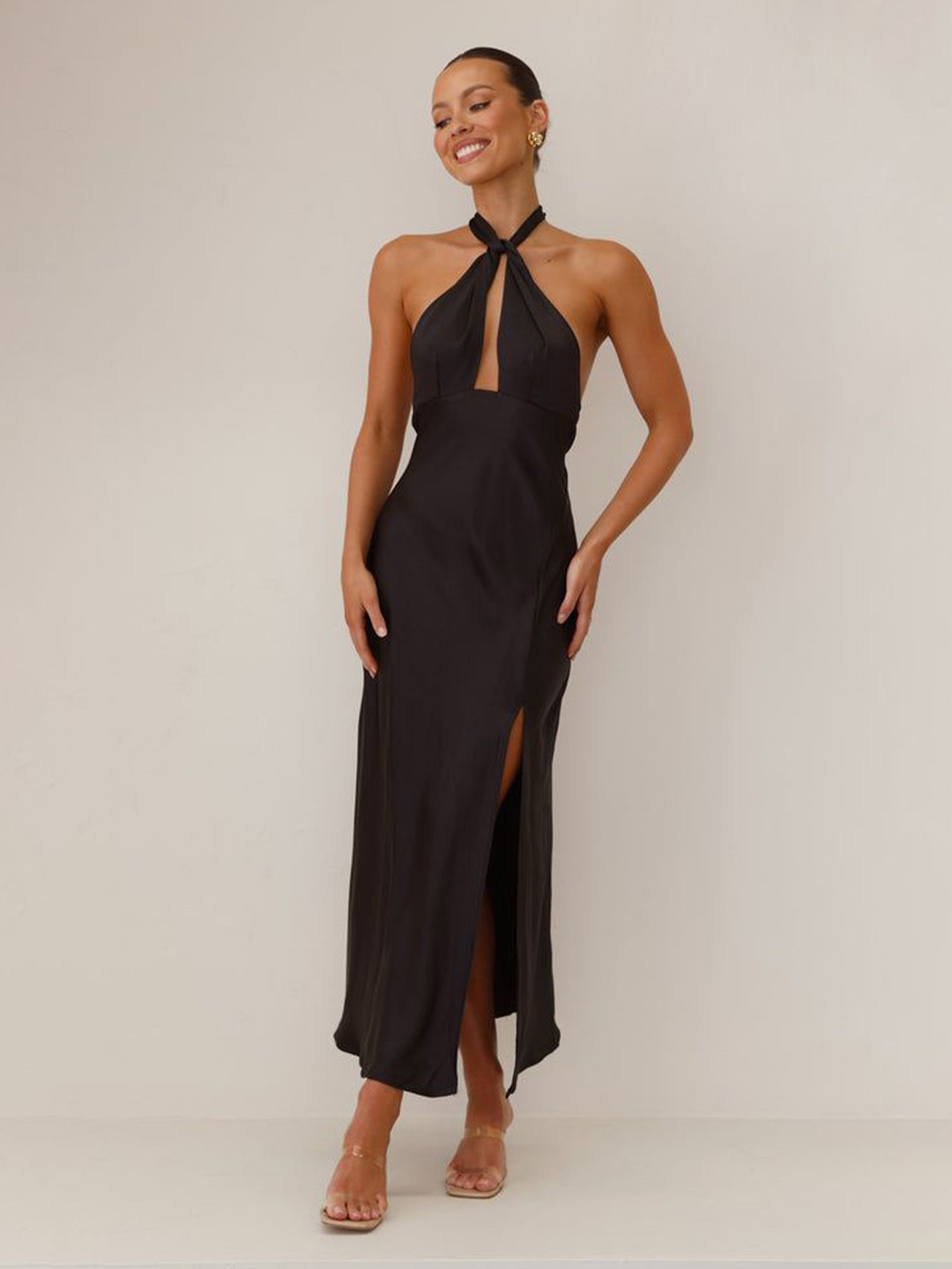 bebe Black Halter Neck Backless Maxi Dress with side slit
