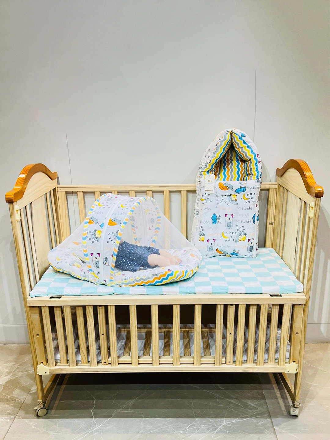 Fareto Infants Blue Printed Cotton Baby Bed Set