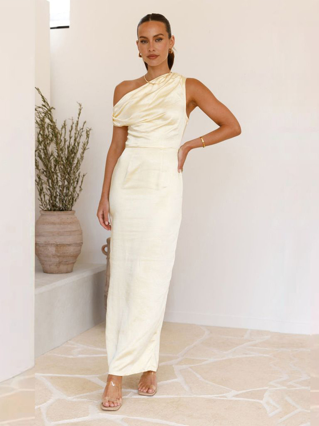 bebe Yellow One-shoulder Draped Maxi dress.