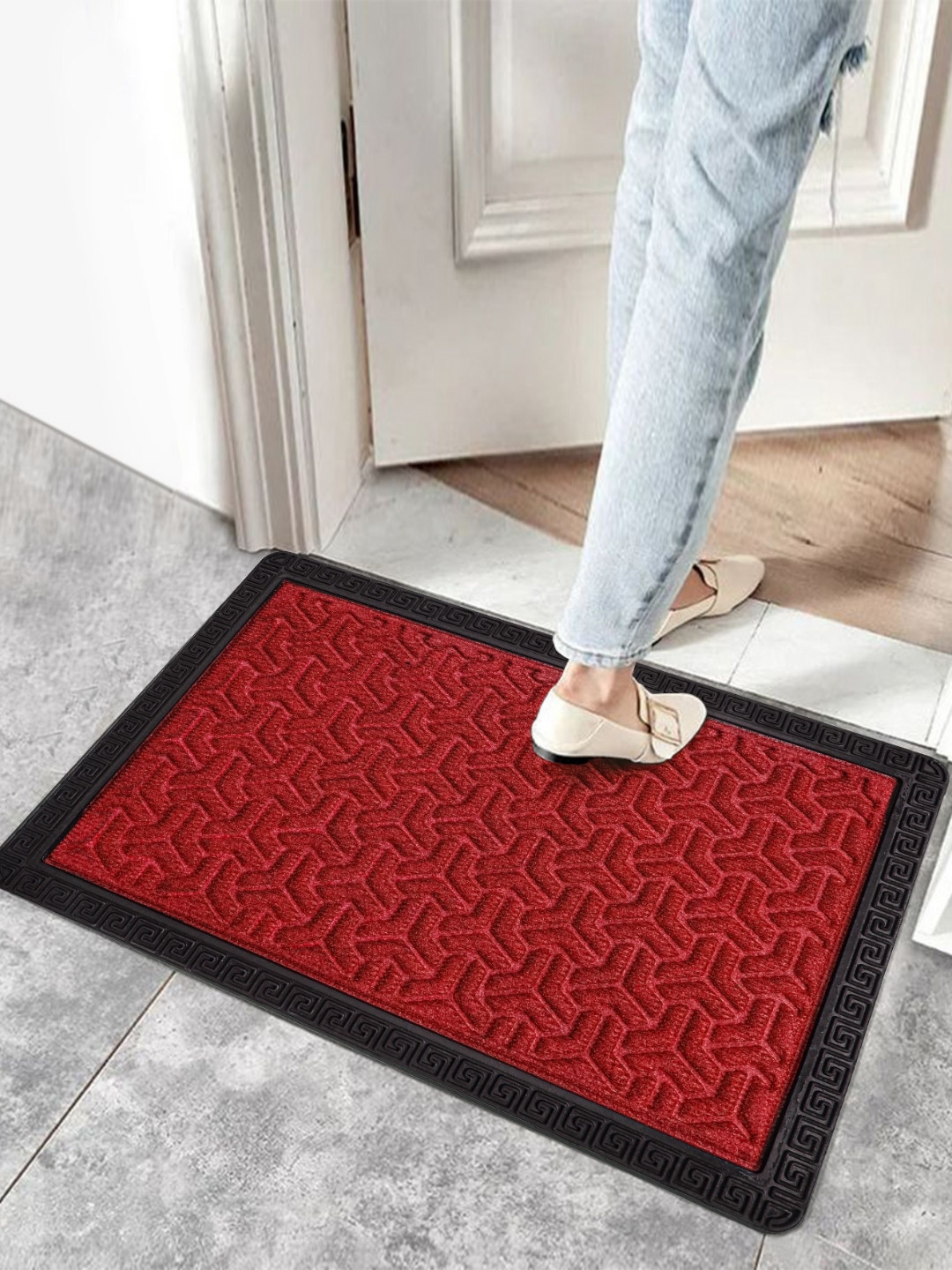 Yellow Weaves Red & Black Textured Anti-Skid Doormats