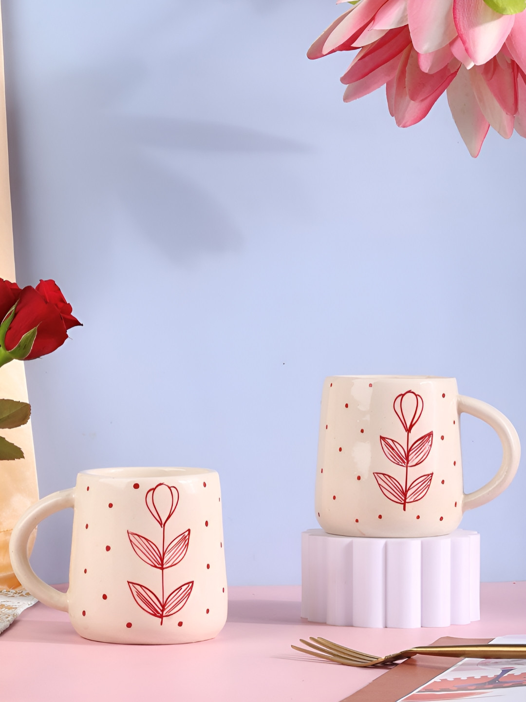 Olive Home Accents New Modern Design Off White Floral Stoneware Microwave Safe 2 Piece Mugs-300ml