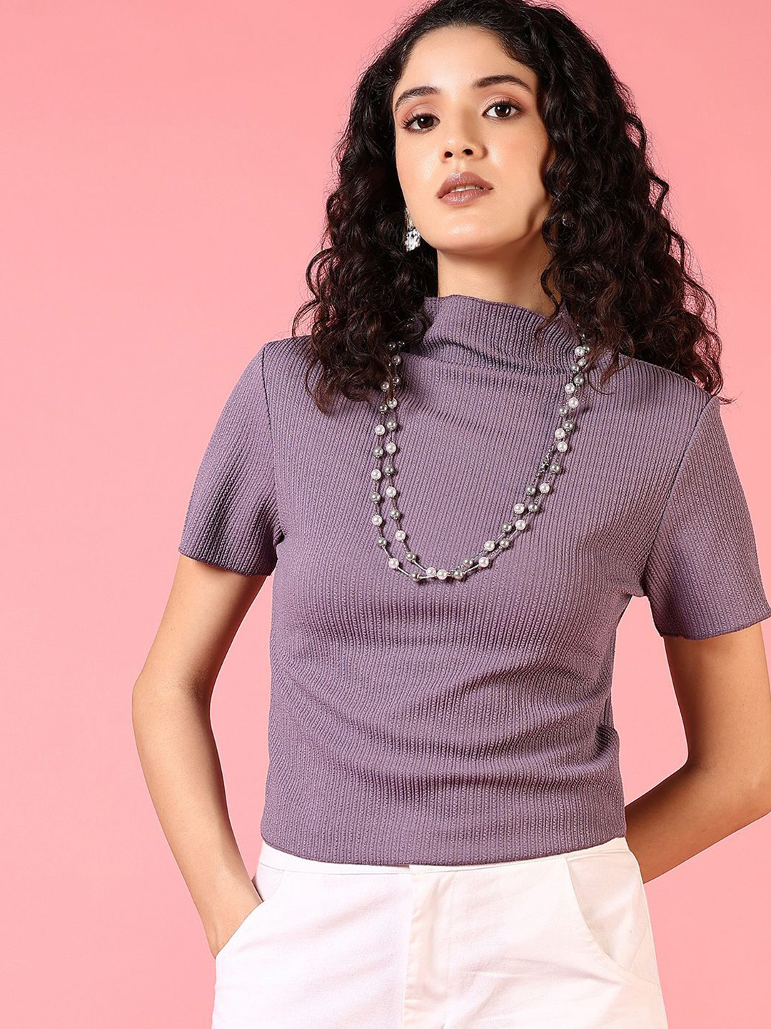 LIMEROAD Women Ribbed Pattern Short Sleeves Regular Top