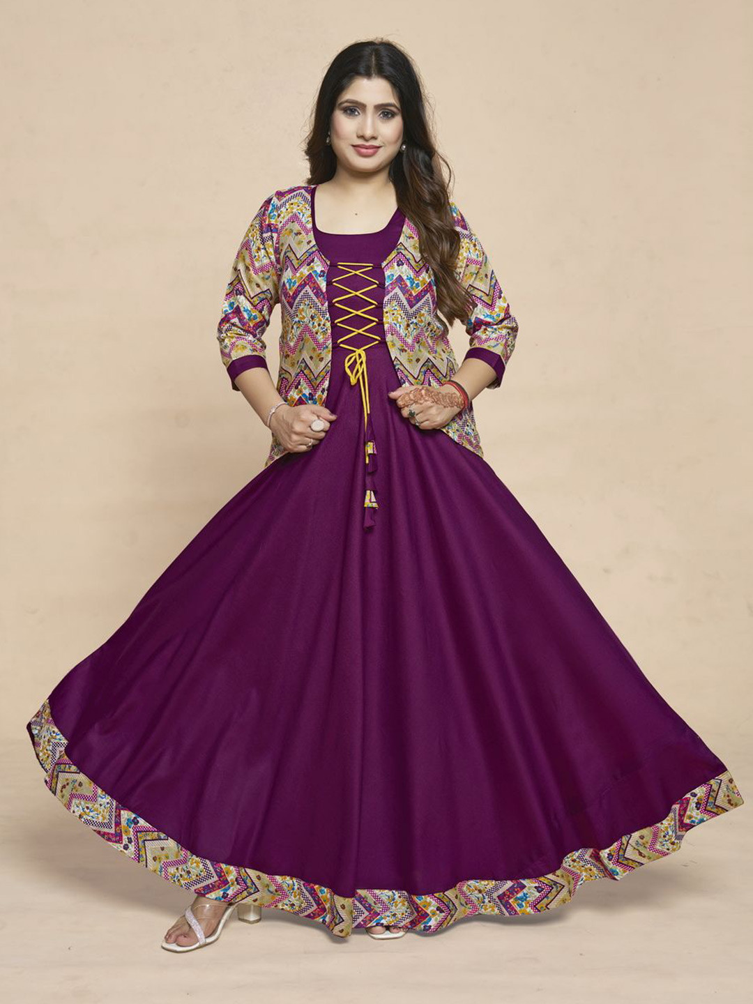 MEESORRA Printed Plus Size Gown Ethnic Dress With Koti Jacket