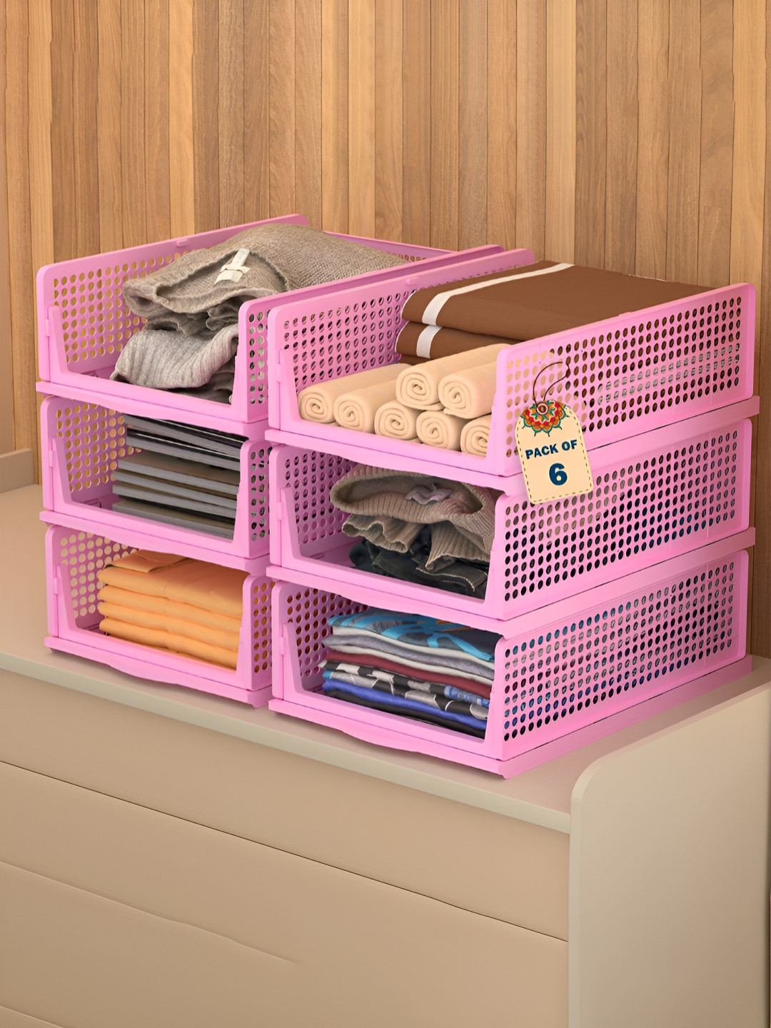 Aura Pink 6 Pcs Kids Foldable Wardrobe Drawer Organisers for Clothes Storage Box