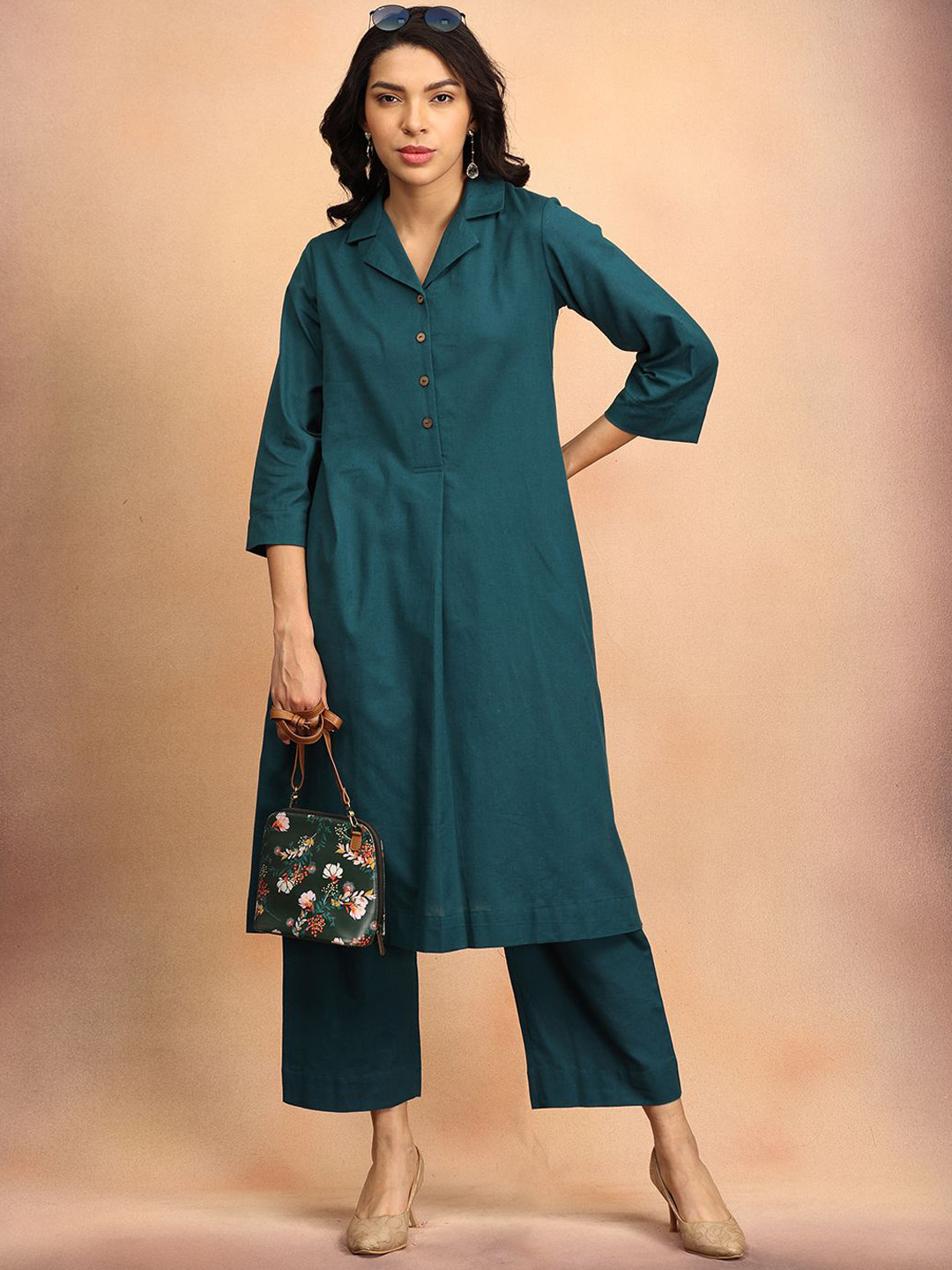 The Woman Store Three Quarter Sleeves Pure Cotton Tunic & Trouser Co-Ord Set