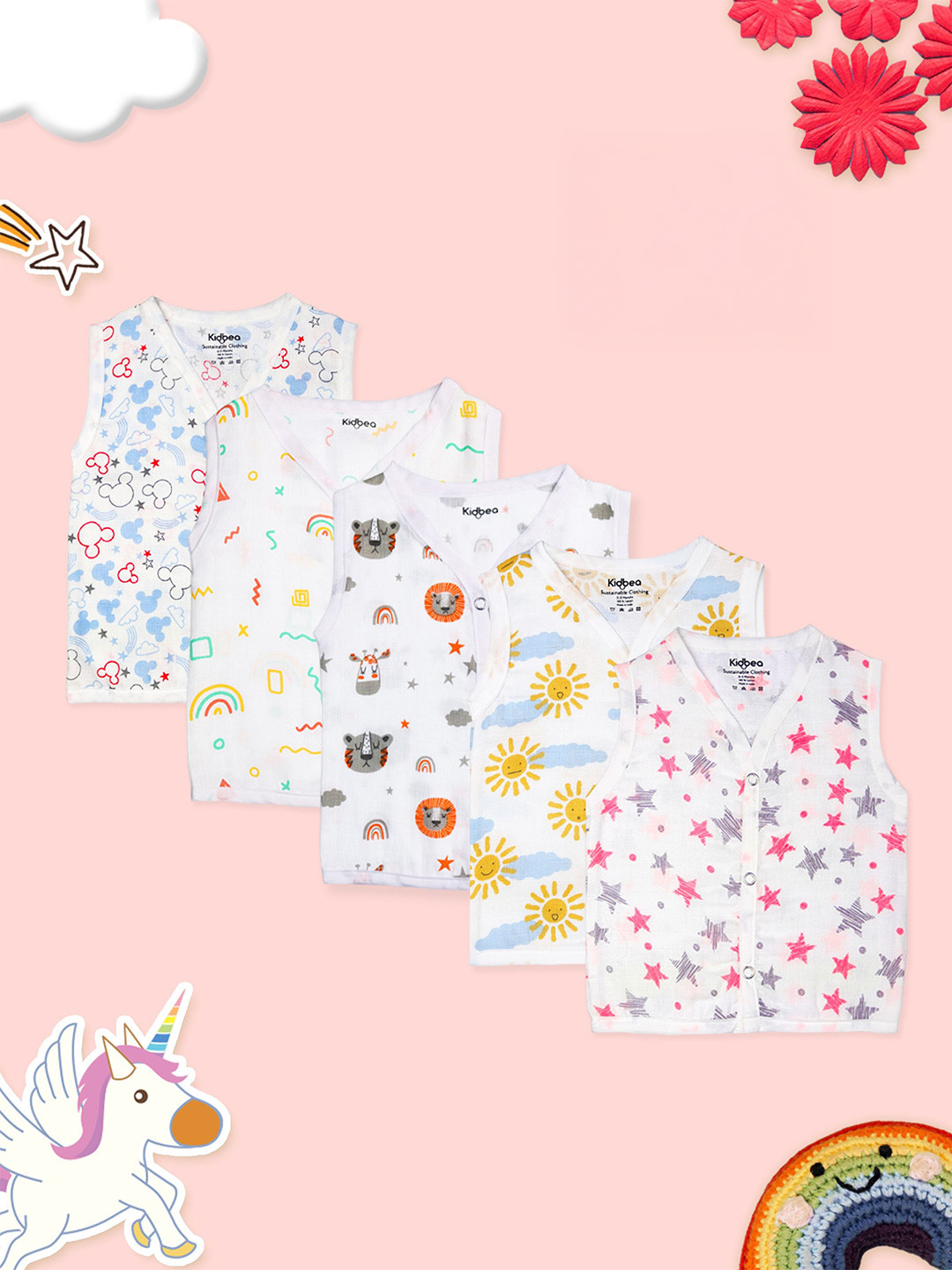 Kidbea Infants Pack Of 5 Printed Pure Bamboo Jhabla JH_11_PO5_03