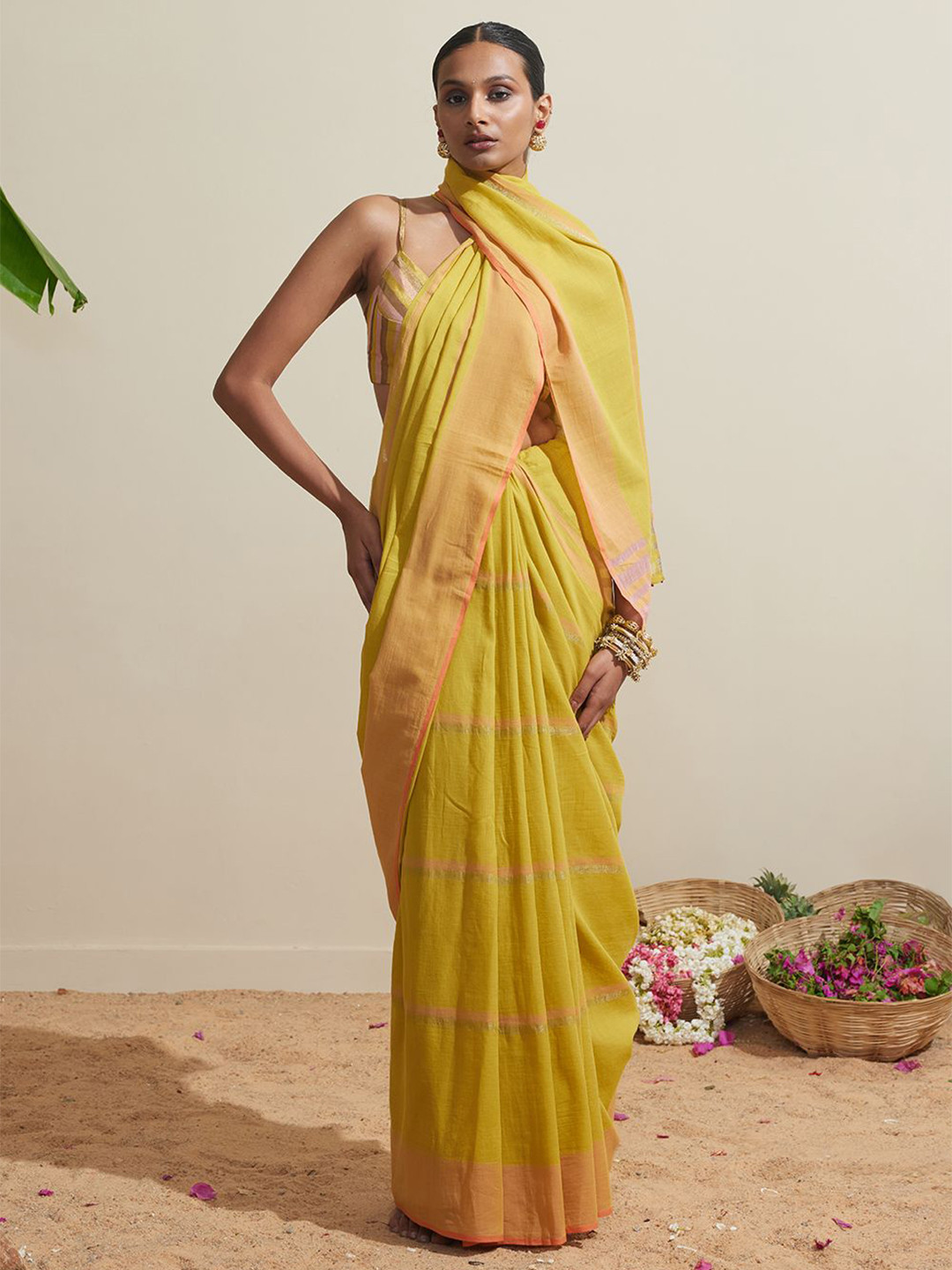 Dressfolk Yellow And Pink Saree In Handloom Cotton With Blouse Piece