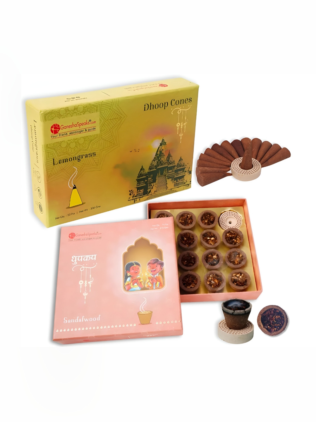GaneshaSpeaks 65-Pcs Brown Natural Sandalwood Dhoop Cup & Lemongrass DhoopCone