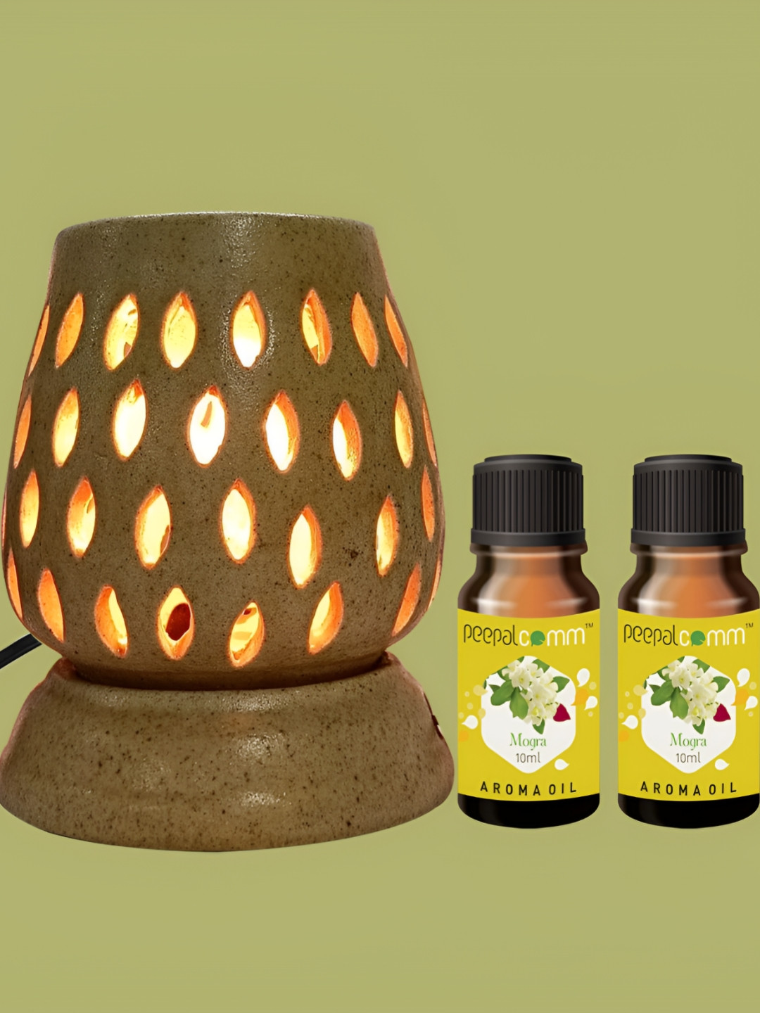 PEEPALCOMM 3Pcs Brown Printed Ceramic Long Electrical Diffuser With Mogra Aroma Oils